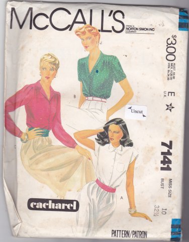 McCall 7141 Pattern Uncut size 10 Cacharel Button Front Blouse Sleeve & Collar Variations