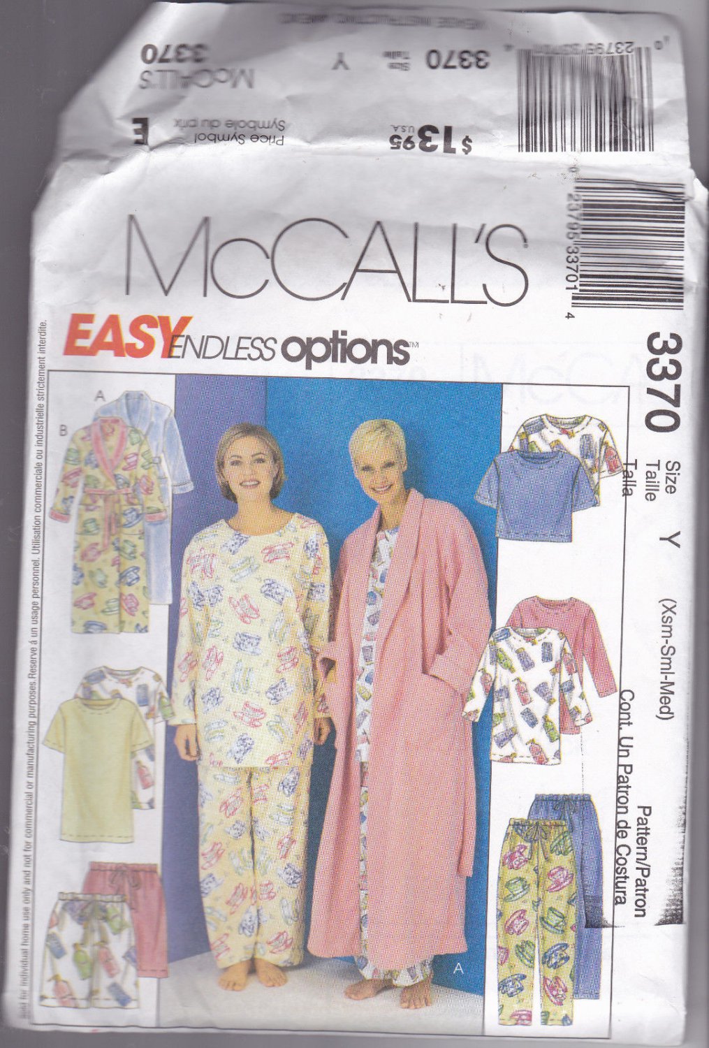 McCall 3370 Pattern Easy Sleepwear Tunic Shortie Long Pajamas Robe XS S M Uncut