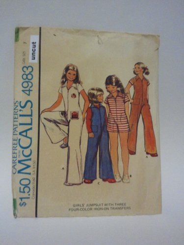Vintage McCall 4983 Uncut Girls 7 Mechanic Jumpsuit with Iron-On Transfers