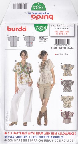 Burda 7834 Uncut 6 8 10 12 14 16 Blouse Top V Neck Contrast Bands Kimono Sleeves