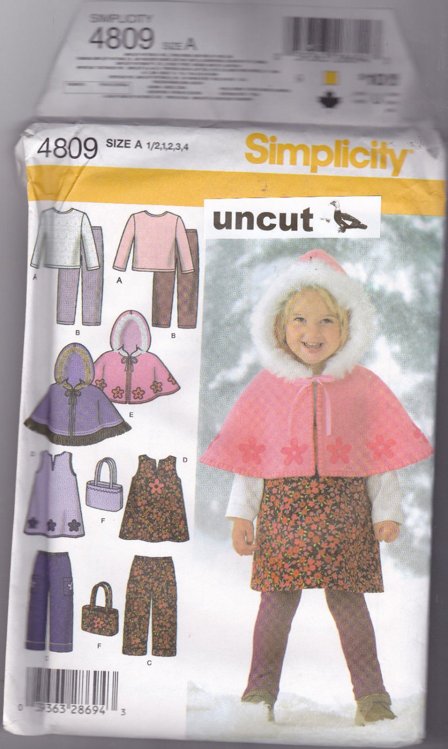 Simplicity 4809 Pattern Girls Jumper Top Pants Hooded Cape Bag 1/2 1 2 3 4 Uncut
