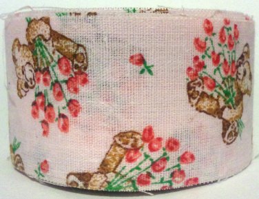 Cotton Fabric Ribbon Pink Teddy Bears Roses 1-3/8 inches 6y Unfinished