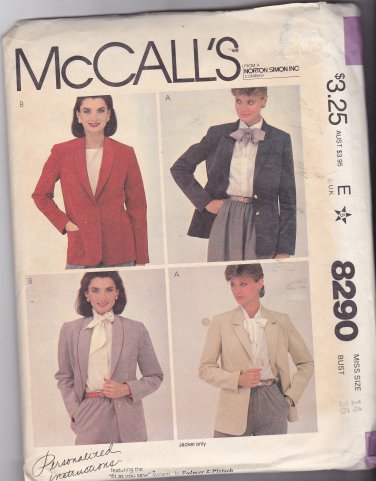 McCall's Pattern 8290 Uncut 14 Faux Suede Lined Jacket Notch or Shawl Collar