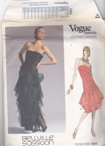 Vogue Pattern 1701 Uncut 10 Bellville Sassoon Strapless Evening Cocktail Dress Organza Ruffles