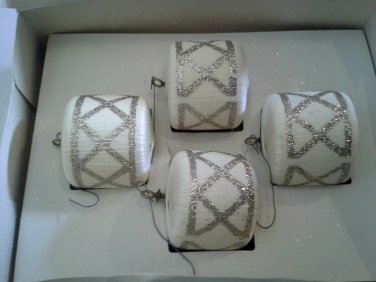 Vintage Bradford Satin Drum Ornaments Ivory Gold 2.5 inches Box of 4
