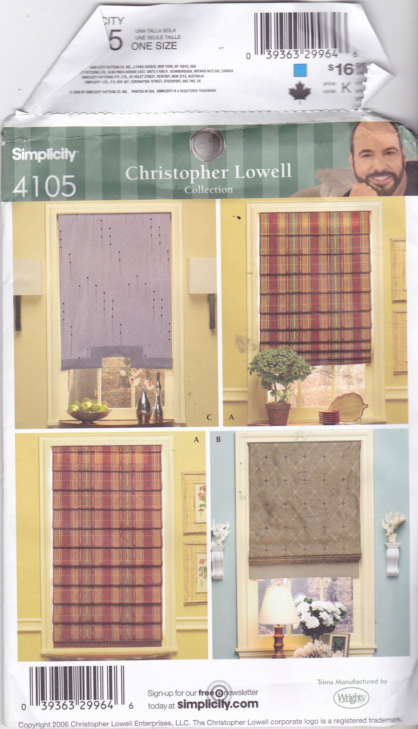 Simplicity 4105 Pattern Uncut FF Roman Shades Christopher Lowell Collection