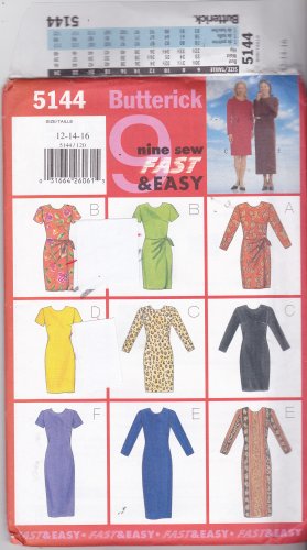 Butterick 5144 Pattern Uncut 12 14 16 Fast & Easy Simple Dress Hemline Sleeve Wrap Options