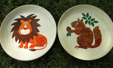 Two Round Painted Metal Trays by Rodney Peppe for Crown Merton Squirrel and Lion 1970s Pop Art