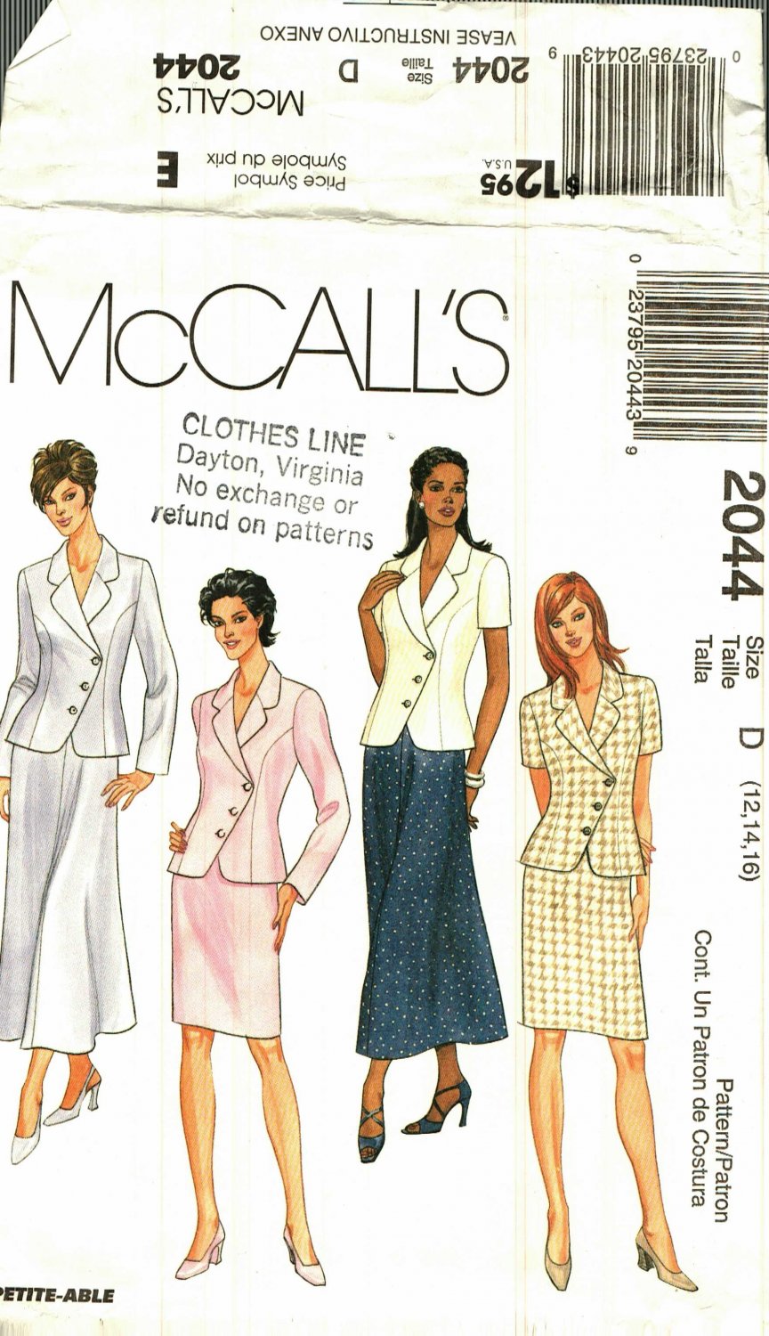 McCall's 2044 Pattern Uncut 12 14 16 Lined Asymmetrical Jacket Flared or Straight Skirt