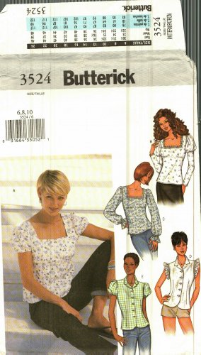 Butterick 3524 Pattern Uncut 6 8 10 Tops Blouses Neckline Sleeve Variations
