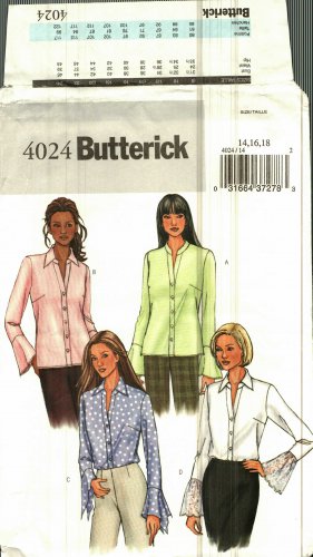 Butterick 4024 Pattern Uncut 14 16 18 Button Front Shirt Long Sleeves Flounce Ruffle