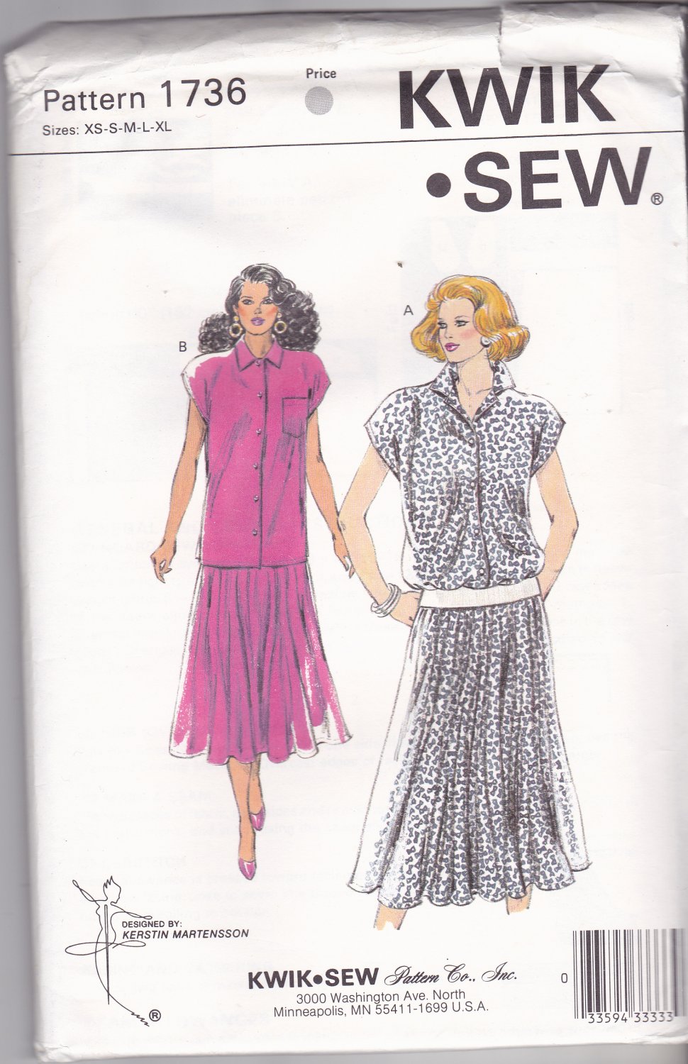Kwik Sew 1736 Pattern uncut xs s m l xl Loose Fit Top Gathered Skirt