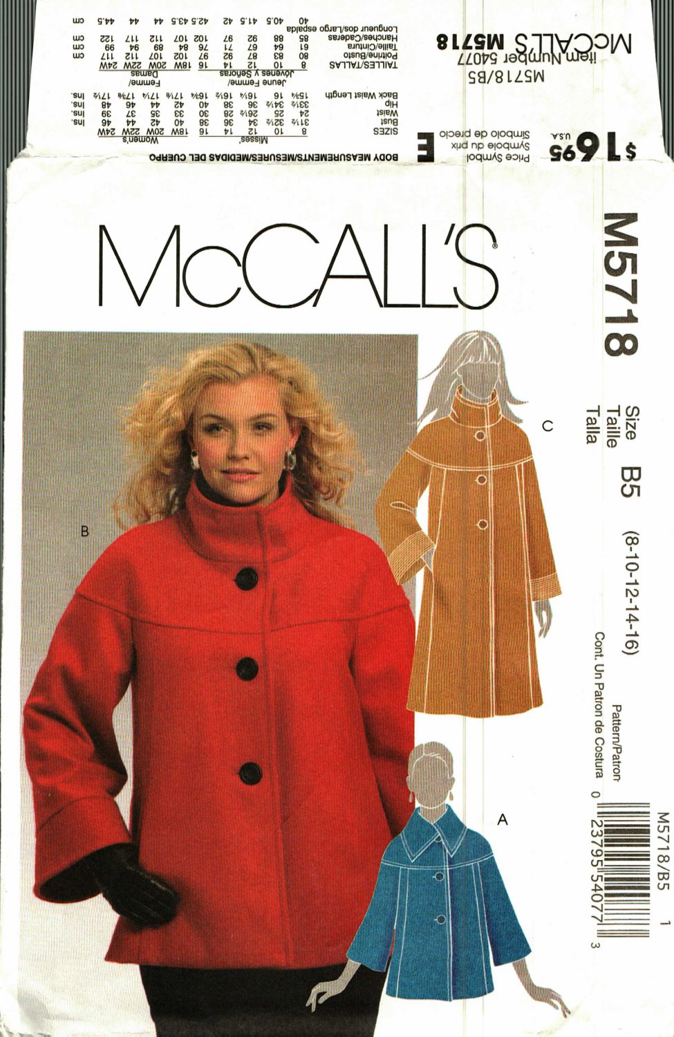 McCall's M5718 Pattern Uncut FF 8 10 12 14 16 Warm Lined Jacket Coat ...