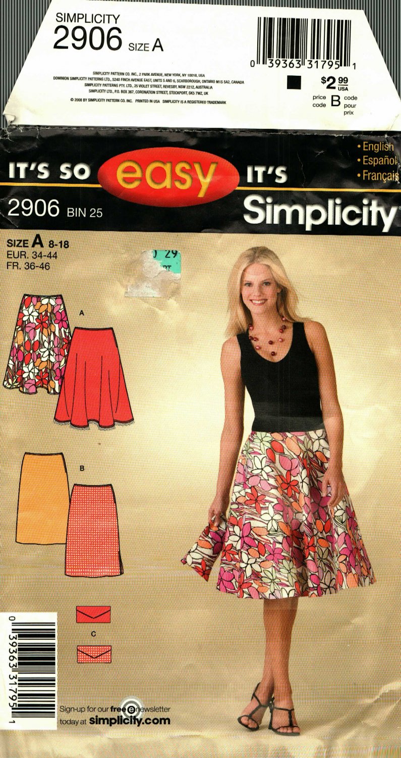 Simplicity 2906 Pattern uncut 8 10 12 14 16 18 Flared or Straight Skirt ...