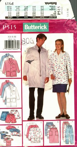 Butterick P515 Pattern uncut XS S M Scrub Coat Jacket Skirt Shorts Pants Hat Pocket