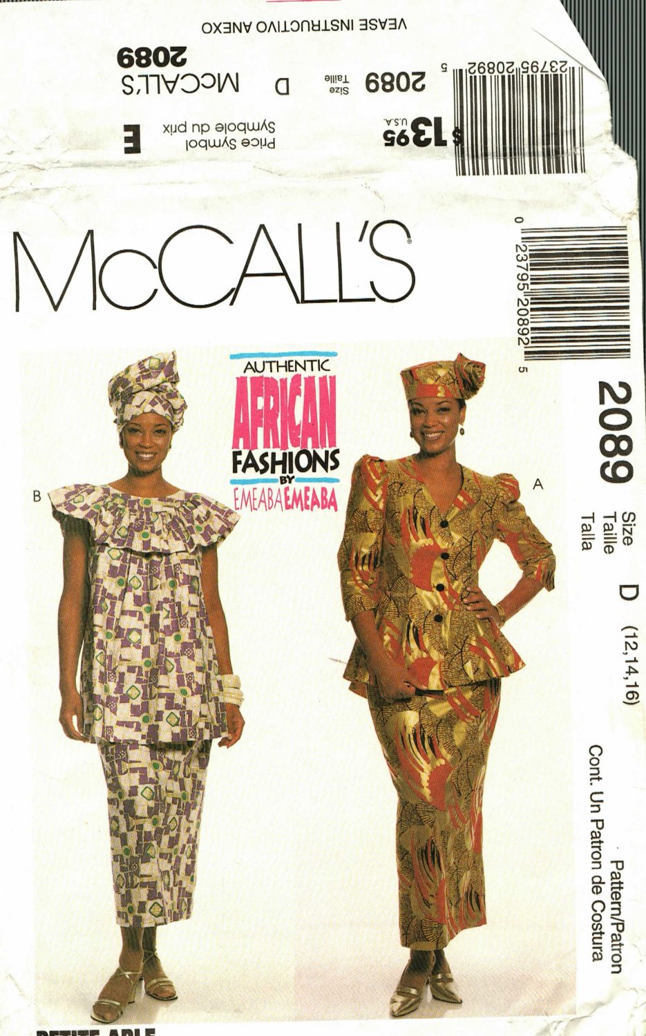 McCall's 2089 Pattern 12 14 16 uncut Two Piece Dresses Hat African