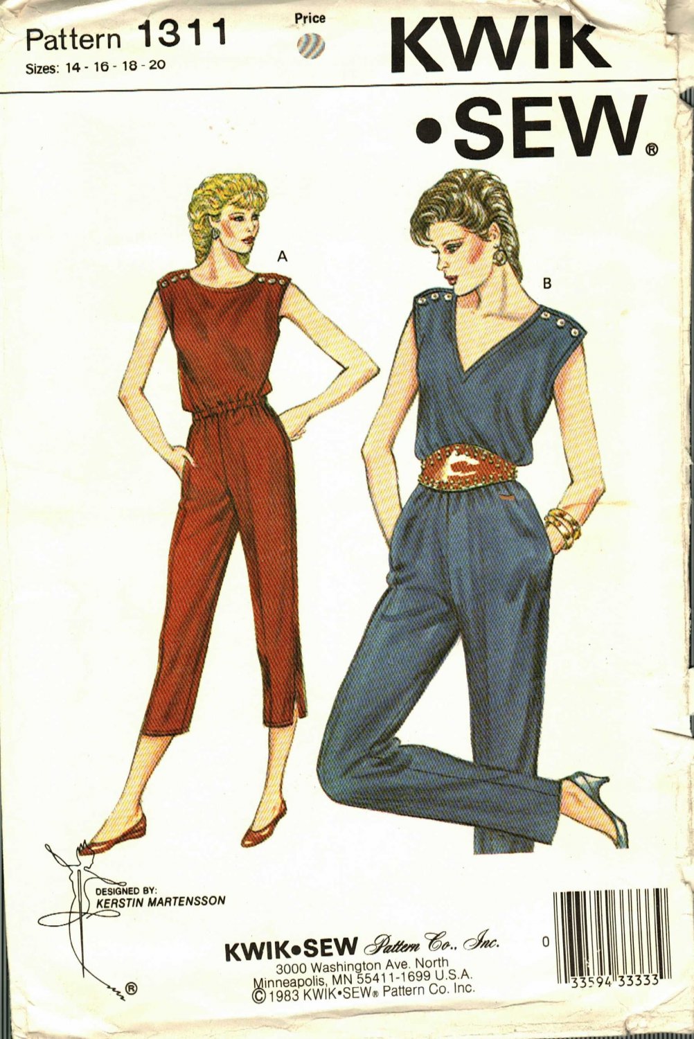 Kwik Sew 1311 Pattern uncut 14 16 18 20 Blouson Tapered Jumpsuit Snap Shoulders