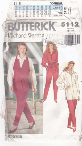 Butterick 5112 Pattern uncut 12 14 16 Vest Pants Loose Fit Top Raglan Sleeves Richard Warren