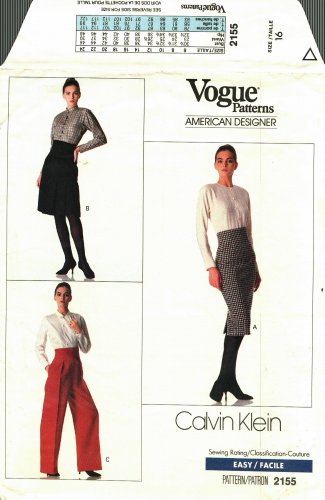 Vogue 2155 Pattern Uncut Size 16 Classic Skirt Raised Waist Straight Leg Pants Calvin Klein
