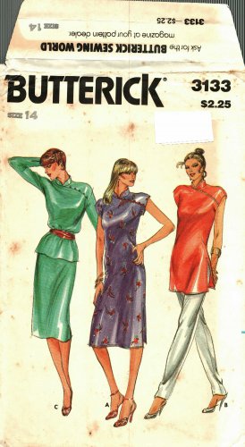 Butterick 3133 Pattern uncut 14 Dress Tunic Top Skirt Piping Asymmetrical Mandarin Collar
