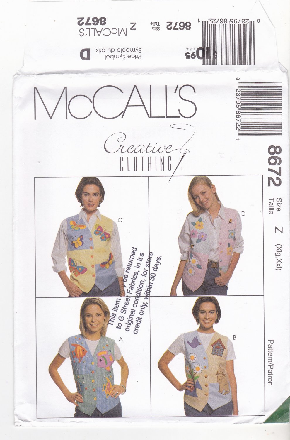 McCall's 8672 Pattern uncut XL XXL 20 22 24 26 Vest with Applique ...