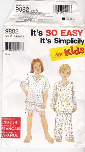 Simplicity 9882 Pattern 3 4 5 6 7 8 uncut Girls Boys Toddlers Pajamas