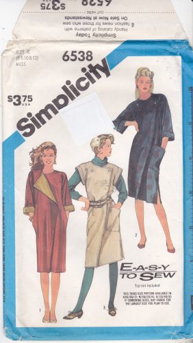 Simplicity 6538 Uncut 8 10 12 Loose Fit Asymmetric Wrap Dress or Jumper