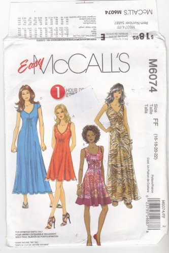 McCall's Pattern M6074 Uncut 16 18 20 22 Pullover Summer Dresses in 3 Lengths