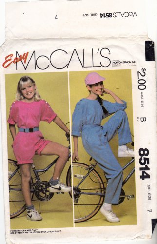 McCall's 8514 Pattern uncut Girls 7 Short or Long Jumpsuit Sash for Stretch Knits Vintage 1980s