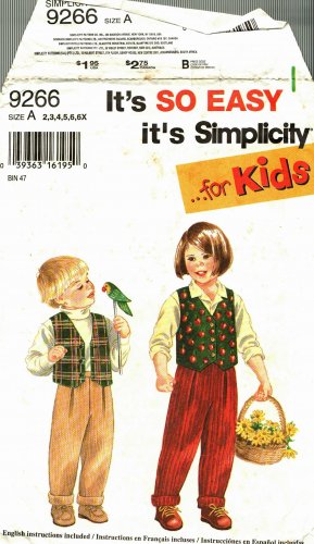 Simplicity 9266 Pattern uncut Toddlers Children 2 3 4 5 6 6x Pants Lined Vest Boys Girls