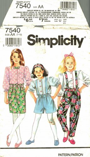 Simplicity 7540 size 10 Girls Pants Blouse Shorts Skirt Suspenders, may be missing pieces