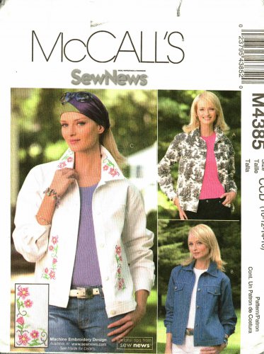 McCall's 4385 Pattern uncut 10 12 14 16 Jean Jackets with Optional Machine Embroidery