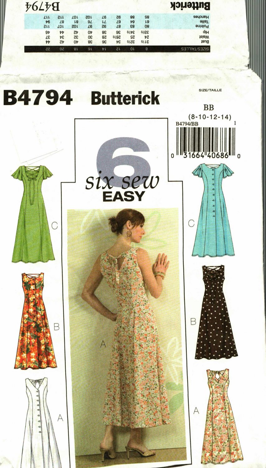 Butterick B4794 Pattern uncut 8 10 12 14 Sun Dress Lace Up Back Sleeveless Flutter Sleeves