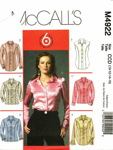 McCall's M4922 Pattern uncut 10 12 14 16 Semi Fitted Shirts Princess Seams Sleeve Variations
