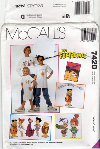McCall's 7420 Pattern uncut The Flintstones with Iron On Transfers all sizes Sweatshirt T Shirt