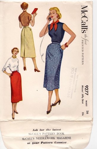 McCall's 9277 waist 26 Jiffy Skirt Back Zip Vintage 1950s Cut, Complete