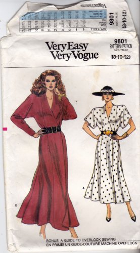 Vogue 9801 Pattern uncut 8 10 12 Semi Fitted Flared Wrap Dress Above Ankle Vintage 1980s