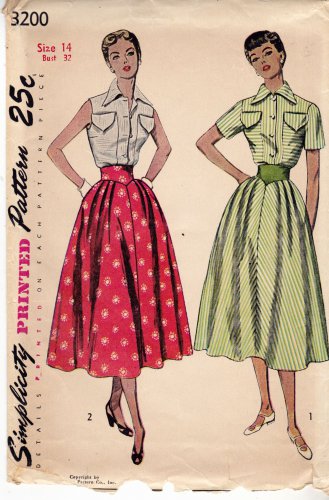 Simplicity 3200 Pattern Bust 32 Blouse Full Skirt Pointed Cummerband Waist 1950s Cut, Complete