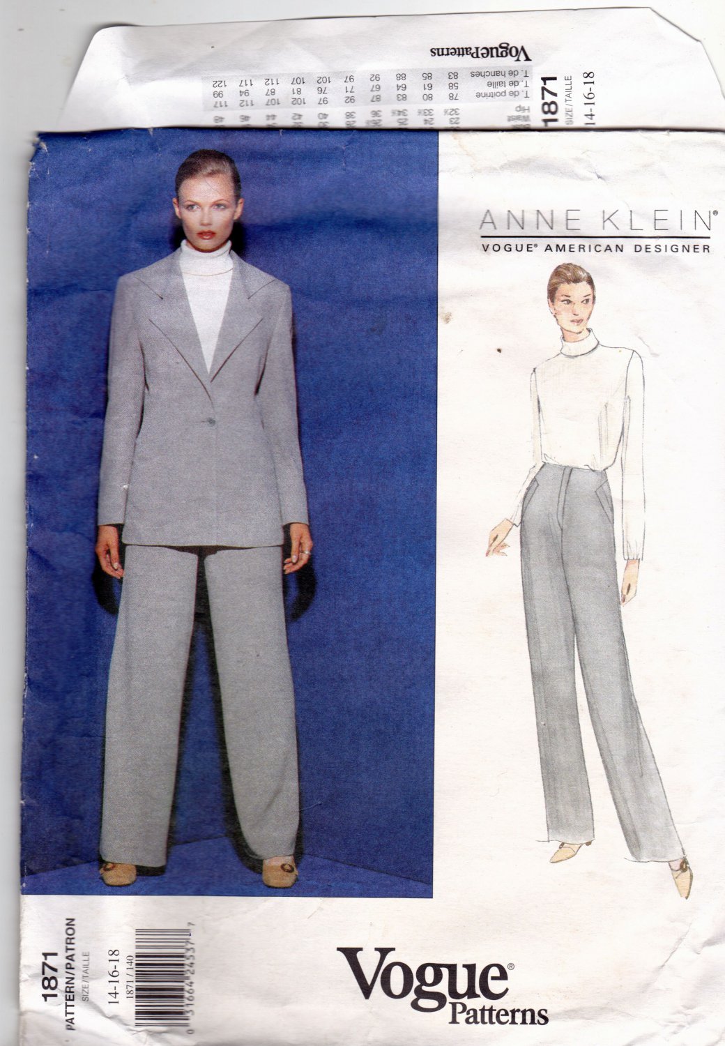 Vogue 1871 Pattern uncut 14 16 18 Loose Fit Pant Suit Anne Klein