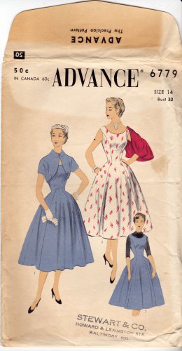 Advance 6779 Pattern 14 Bust 32 Fit and Flare Dress Jumper Bolero Vintage 1950s