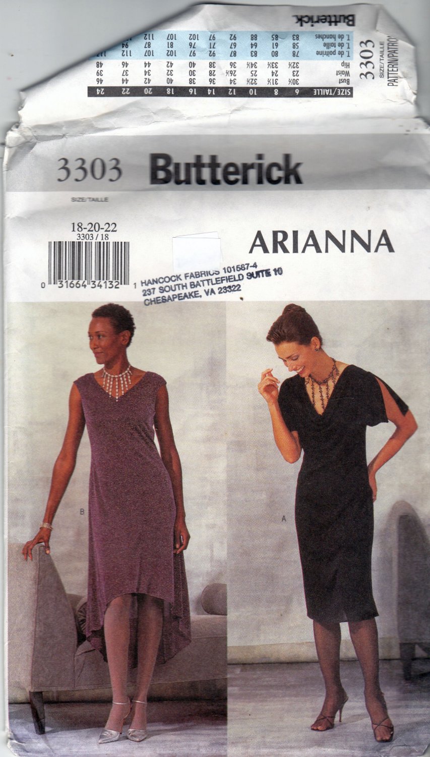 Butterick 3303 Pattern uncut 18 20 22 A-line dress High Low Hem Sleeveless or Slit Flutter Sleeves