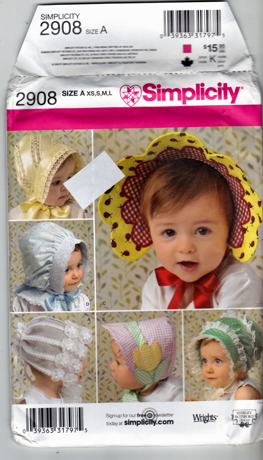 Simplicity 2908 Pattern uncut Bonnets Hats Babies Infants Toddlers