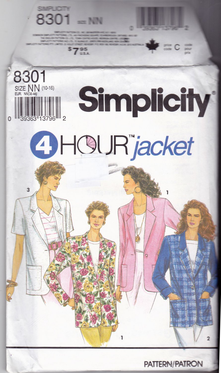 Simplicity 8301 Pattern 10 12 14 16 Lined or Unlined Boxy Jacket Vintage 1990s