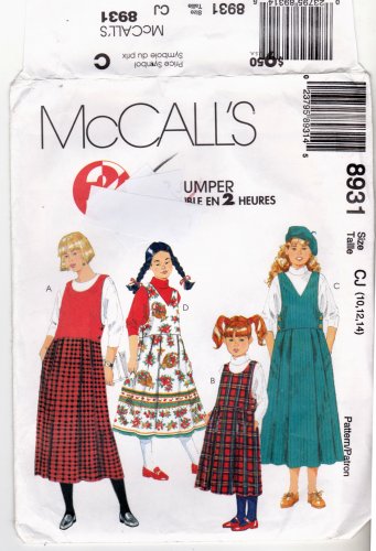 McCall's 8931 Pattern uncut Girls 10 12 14 Drop Waist Jumper with Pleated Skirt and pockets