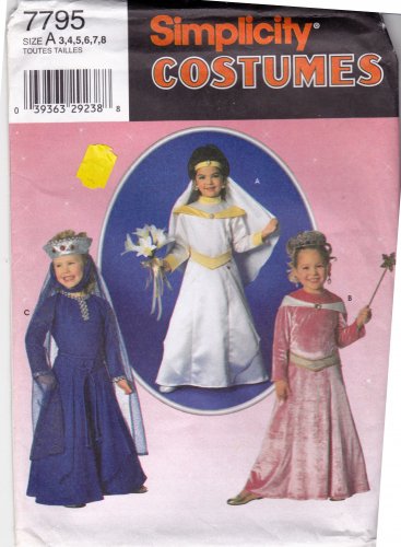 Simplicity 7795 Pattern uncut Girls Toddlers 3 4 5 6 7 8 Princess Costume Dress Crown Veil Belt