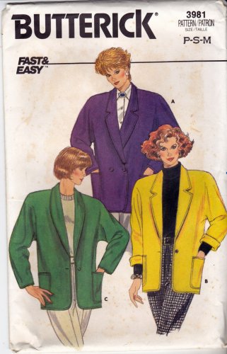 Butterick 3981 Pattern uncut P-S-M Loose Fit Unlined Jacket with Shoulder Pads Vintage 1980s