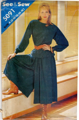 Butterick See & Sew 5091 Pattern uncut 8-16 Long Sleeve Top Button Cuffs Dropped Shoulders Culottes