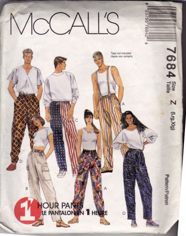 McCall's Pattern 7684 Men Women L XL Pull On Pants Pockets Loose Fit Low Crotch Hip 40-46