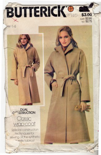 Butterick 303 Pattern uncut 14 Classic Wrap Coat Lined opt. Synthetic Suede