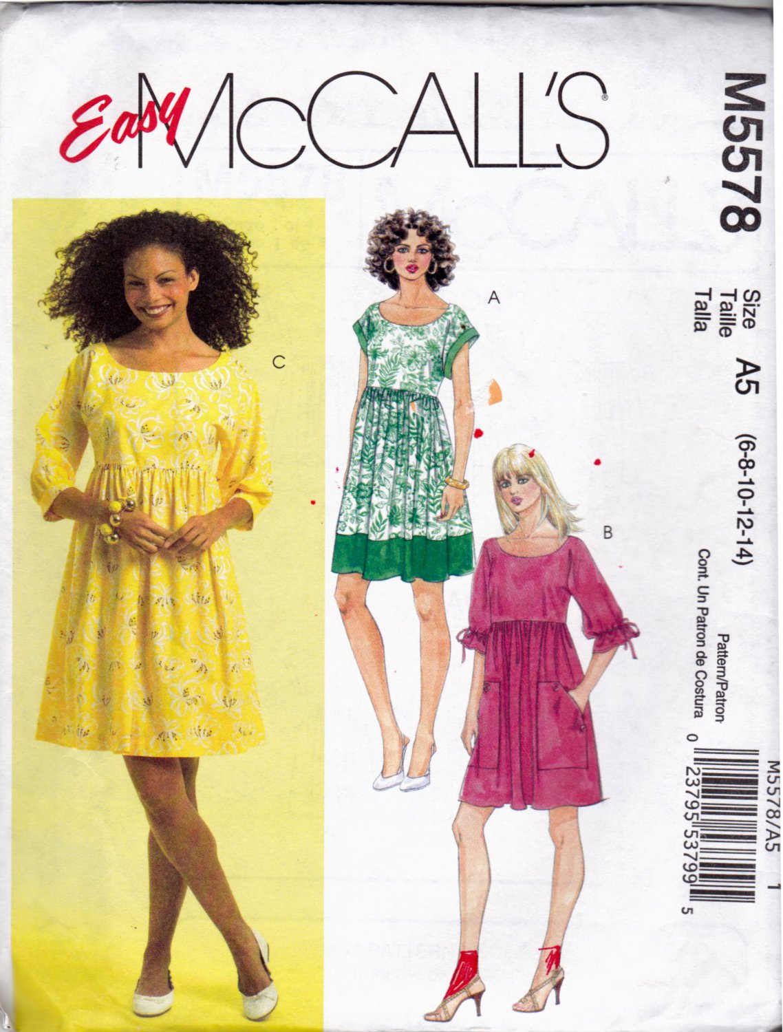 McCall's M5578 Pattern uncut 6 8 10 12 14 Loose Fit Dress Kimono Sleeves Huge Pockets